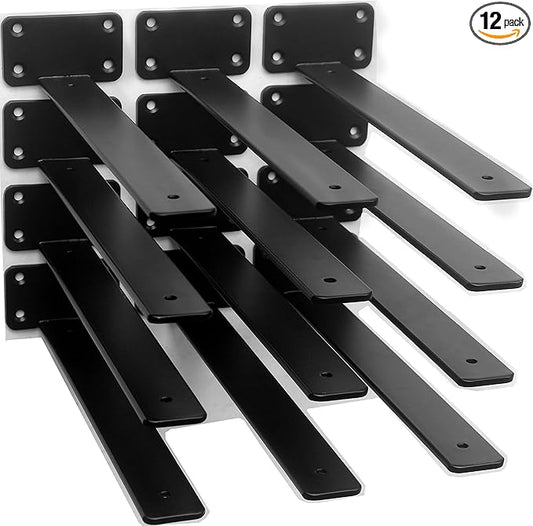 12 Pack - 12 inch Black Hidden L Shelf Bracket Iron Floating Shelf Brackets