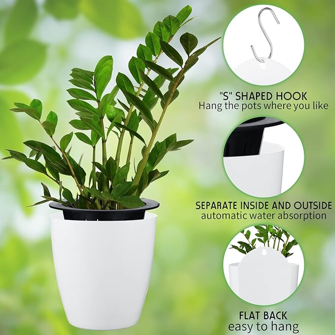 Yungyan 20 Sets 5" Self Watering Hanging Planter White Lazy Flower Pots Plastic