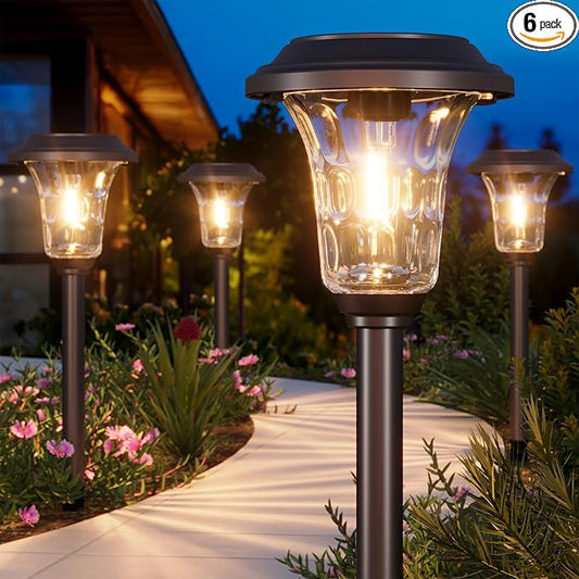 XMCOSY+ Solar Lights Outdoor Waterproof, 6 Pack Metal Glass Solar Pathway Lights, 20/40LM Bright Landscape Lighting for Garden Yard Backyard Path Driveway Walkway Outside Decor (Warm/Cool White)