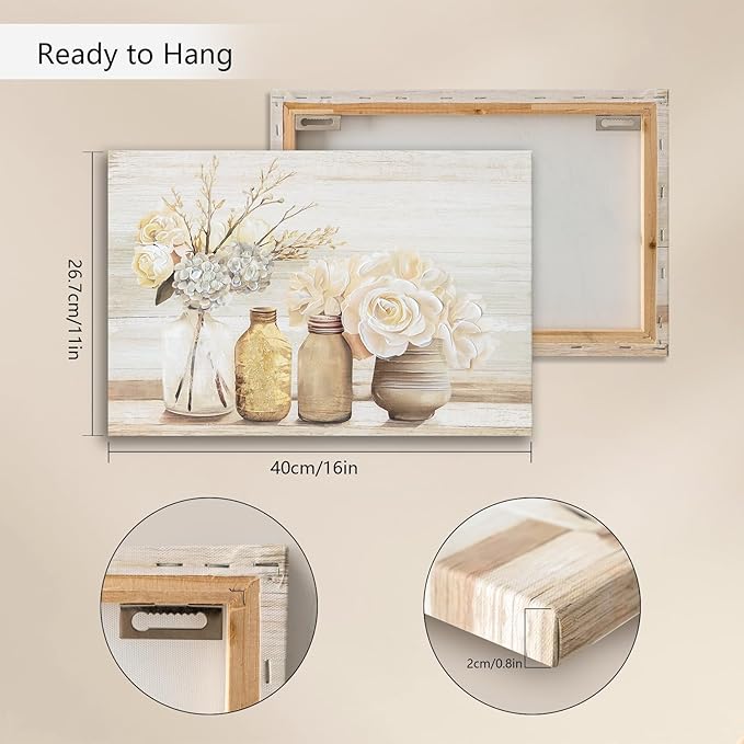 Farmhouse Floral Wall Art for bathroom, Flower Rustic Wood Board Canvas Wall