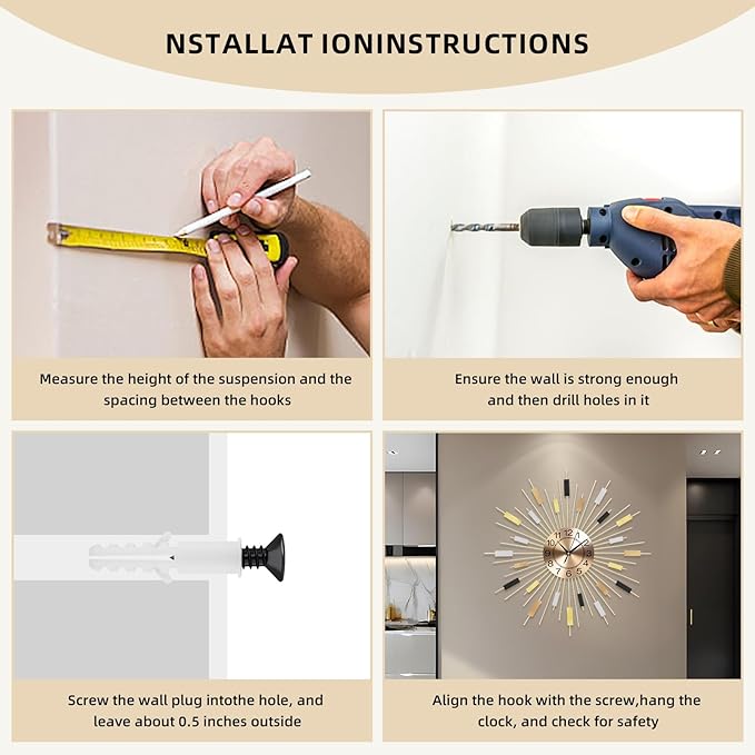 23.6 inch Gold Starburst Wall Clock, Non-Ticking Large Modern Sunburst