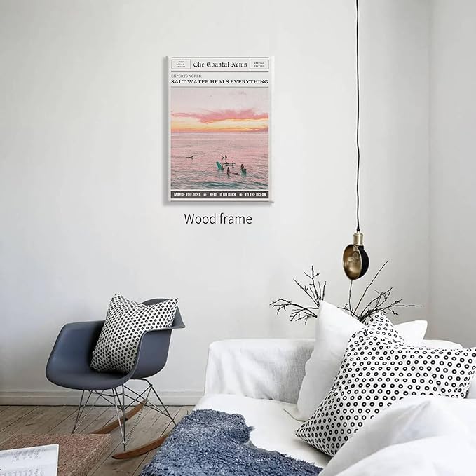 Pink Beach Newspaper Posters Vintage Fashion Coastal Girl Surf Wall Art 12X16