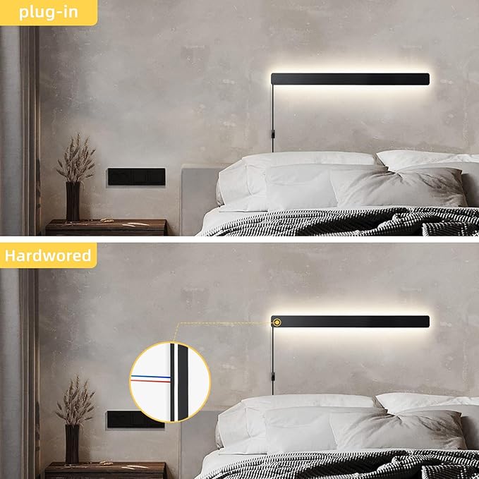 KELUOLY Modern Plug in Wall Sconces, 23.6 inch Frosted Black LED Long Wall