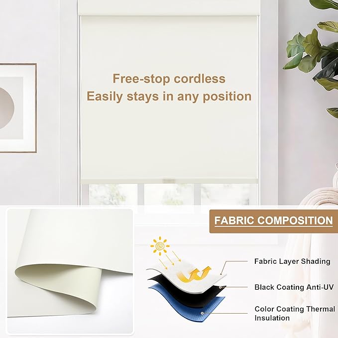 SUNOFF No Drill Tools Cordless Blackout Roller Shades Blinds