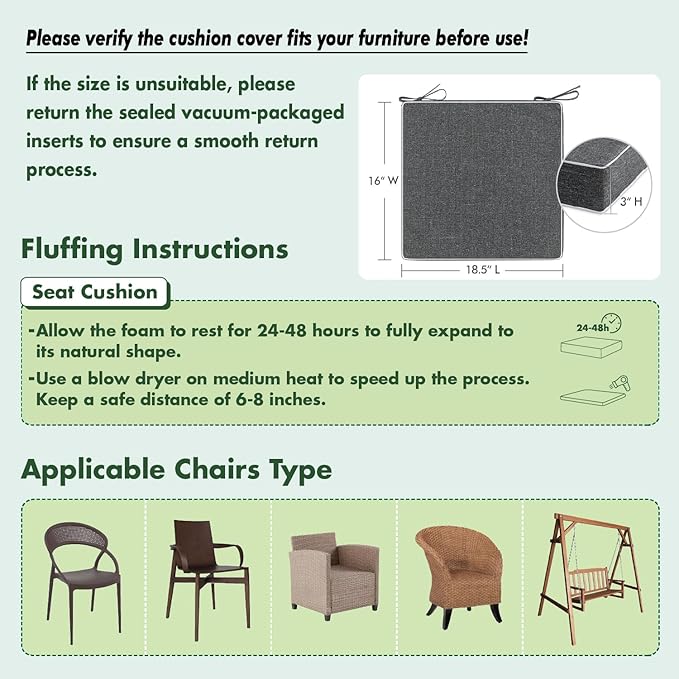 MIULEE Dark Grey Outdoor Chair Cushions Set of 2, 18.5x16x3 Inch Waterproof Patio Seat Cushions for Outdoor Furniture Couch Sofa, 3 Year Color Fastness High Density Foam with Adjustable Ties