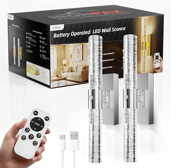 IRONPAX Wall Sconces Battery Operated Set of 2, Wireless Rechargeable Wall