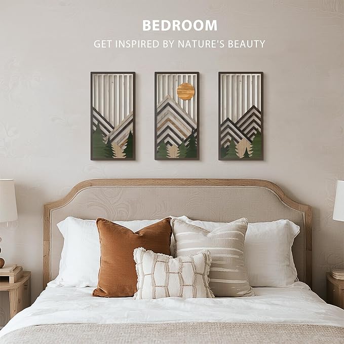 VIYYIEA Boho Solid Wood Carved Wall Art Set of 3, Geometric Minimalist Wooden