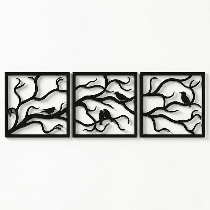 DEKADRON Metal Wall Art, Birds on Branch 3 Pieces Decor, Metal Tree Wall Art, Tree Sign, Metal Wall Décor, Interior and Outdoor Decoration, 3 Panels Wall Hangings (91" W x 30" H / 232x75cm)