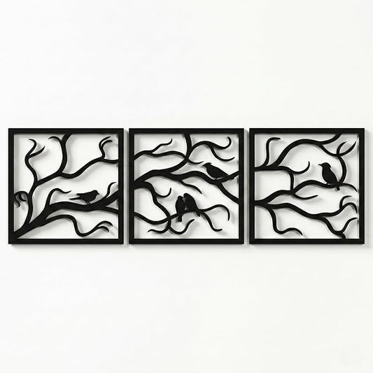 Metal Wall Art, Birds on Branch 3 Pieces, Tree Wall Art, Tree Sign, Wall Decor, Interior and Outdoor Decoration, 3 Panels Wall Hangings (40"W x 13"H / 102x33cm)
