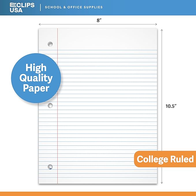 Loose Leaf Paper College Ruled Notebook Paper College Ruled Lined Writing Filler Paper 10.5” x 8” 2400 Sheets 100 Sheets Per Pack 60 gsm (24 Pack)