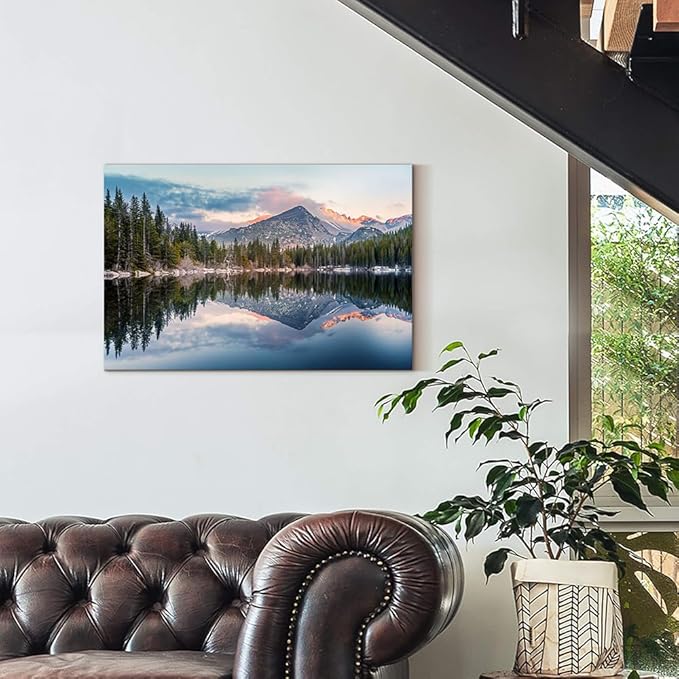 Lake Landscape Canvas Wall Art: Nature Mountain Sunset Artwork Woodland Water Scenery Painting for Bedroom