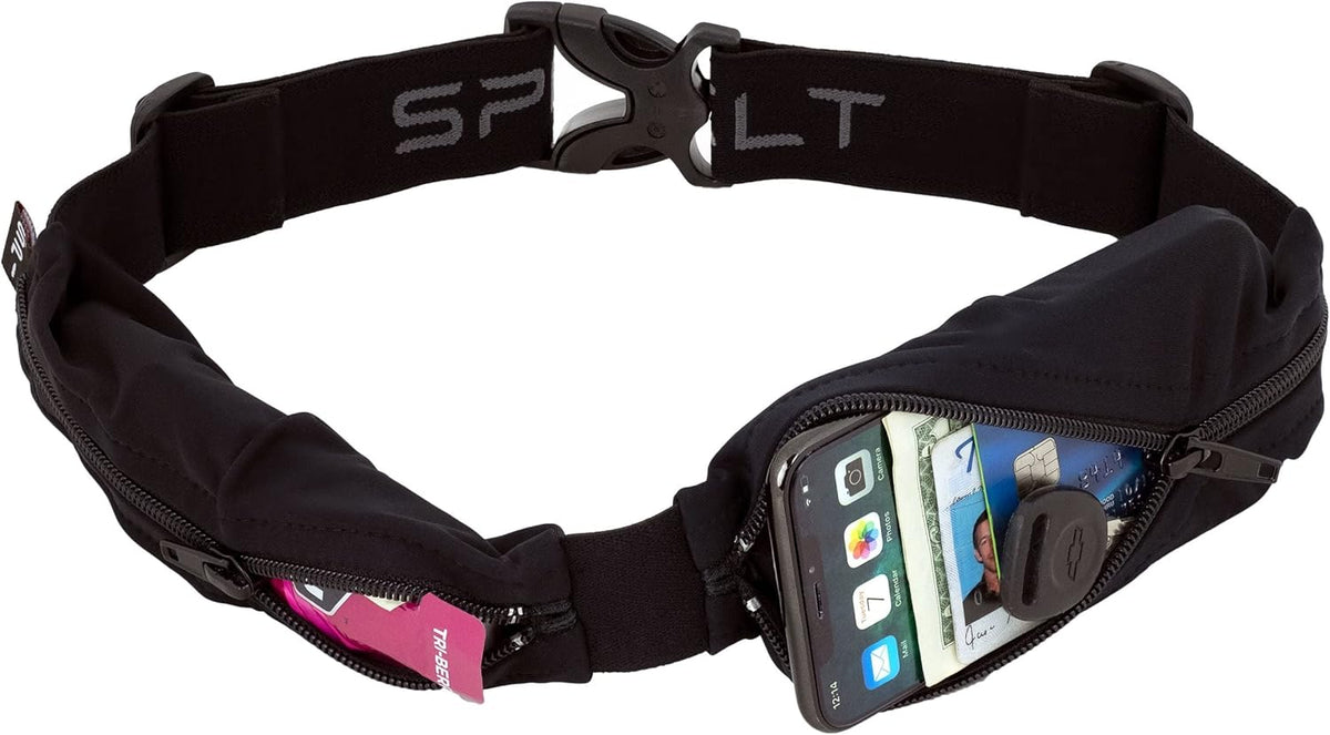 SPIbelt Dual Pocket Pro Running Belt - Adjustable, No Bounce Design | Black with Black Zipper