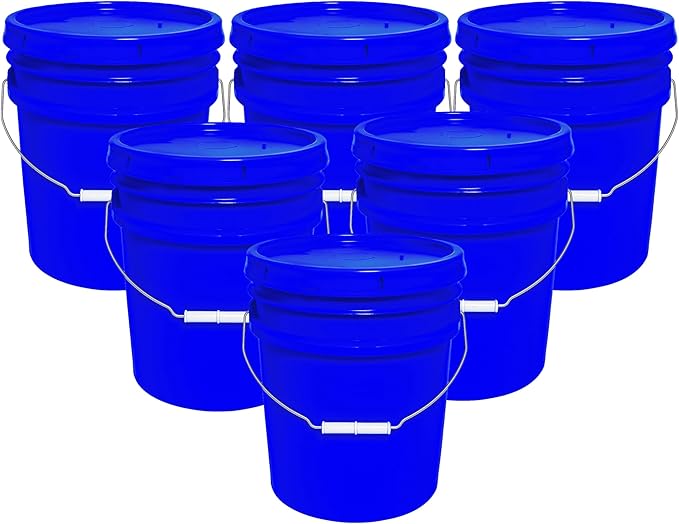 MKS Plastics 5-Gallon Bucket with Airtight Lid â Made in USA, Food Grade BPA Free Plastic, Heavy Duty Multi-Use, Metal Handle with Grip, Stackable Storage â Blue, 6 Pack