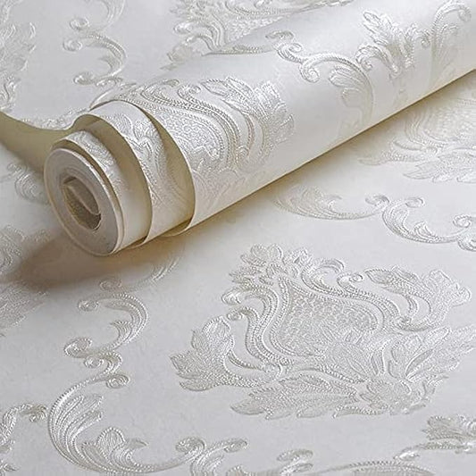 AMINAH DECO Cream White Damask Decorative Textured Floral Wallpaper Non-Woven