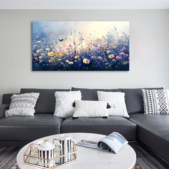 JLXART Canvas Wall Art Colorful Wildflower With Butterflies Wall Decor Purple and Yellow Poppy Floral Artwork Flowers Prints Paintings for Living Room Home Decorations,30x58inch