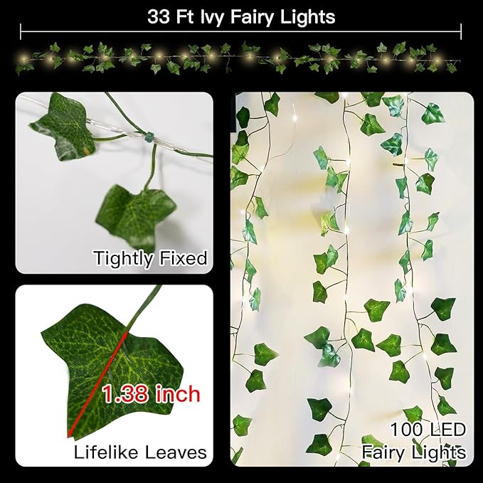 suddus Vine with Fairy Lights Battery Operated, 33ft 100 LED Ivy String Lights