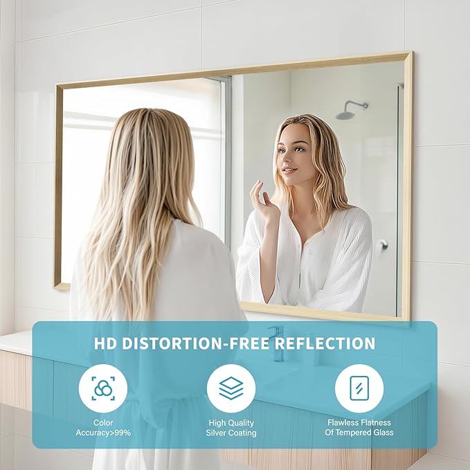Oak Wood Effect Framed Wall Mirror, 30x48 Rectangle Mirror, Anti-desilvering