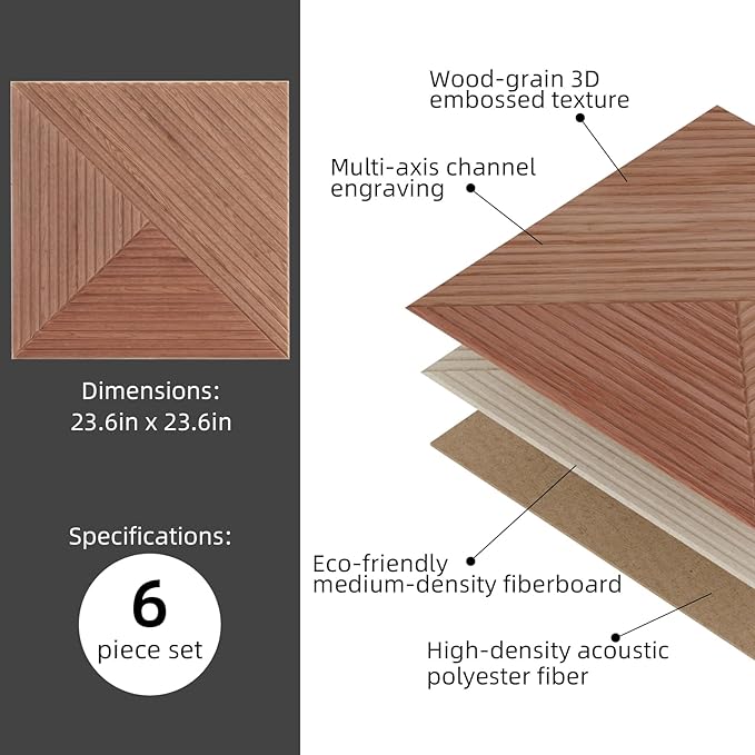 6 PCS Acoustical Wall Panels，23.6 x 23.6 Inch Self-adhesive Sound Absorbing