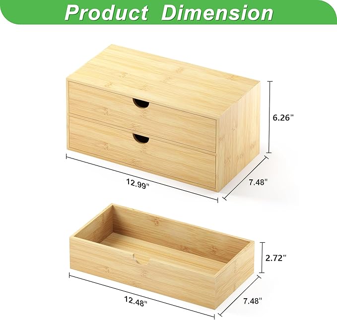 Bamboo Desk Organizer with Drawers - Small Desktop Storage Container for Countertop & Tabletop - No Assembly Required