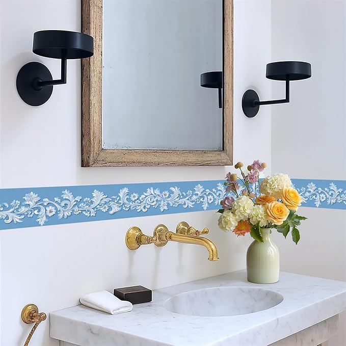 Blue Floral Wallpaper Border 196x4 Inch Peel and Stick Wall Border Elegant