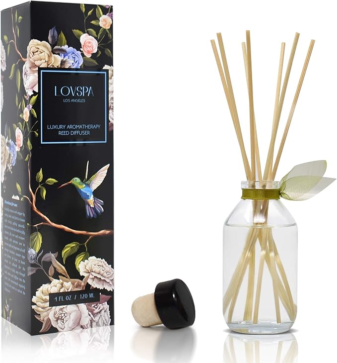 LOVSPA Reed Diffuser Set, Sage & Lemongrass Scented Oil Diffuser with Sticks, Home Fragrance Accessories for Bathroom Shelf Decor, Aroma Diffusers for Home or Office Desk, USA Made