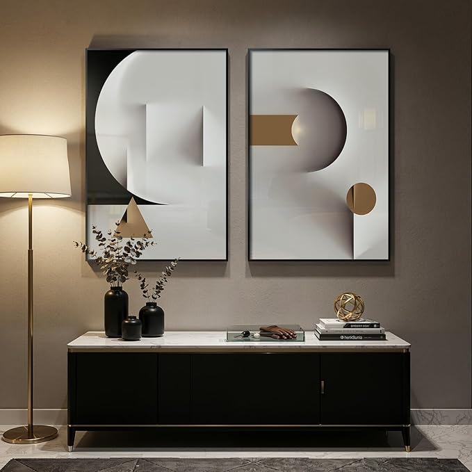 Large Framed Modern Elegant Abstract Wall Art, 2 Piece Black White Gold