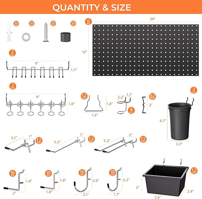 INCLY 226PCS Metal Pegboard Wall Organizer, 48x36 Inch Black Peg Board Panels