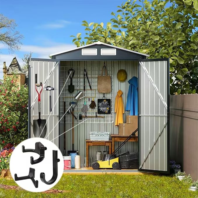 6Pcs Storage Shed Hooks, J/U/V Shapes Heavy Duty ABS Tool Organizers for Ladders, Garden Rakes & Bulk Tools, Compatible with Most Outdoor Storage Sheds