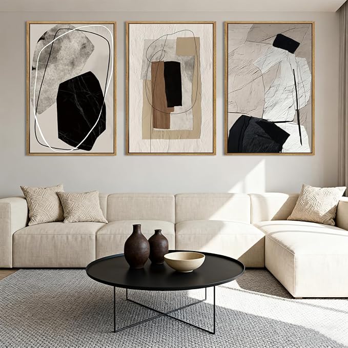 Anyzal Extra Large Abstract Neutral Framed Wall Art 24x36 Inch Black Modern Canvas Wall Decor Tan Grey Minimalist Artwork for Living Room Dining room Bedroom Set of 3