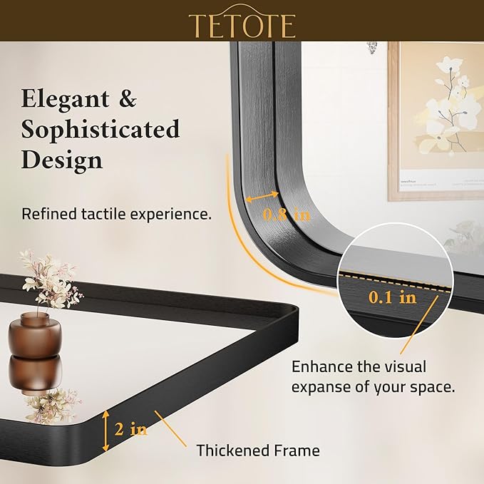 TETOTE 60 x 36 Inch Bathroom Mirror, Matte Black Metal Frame Modern Farmhouse