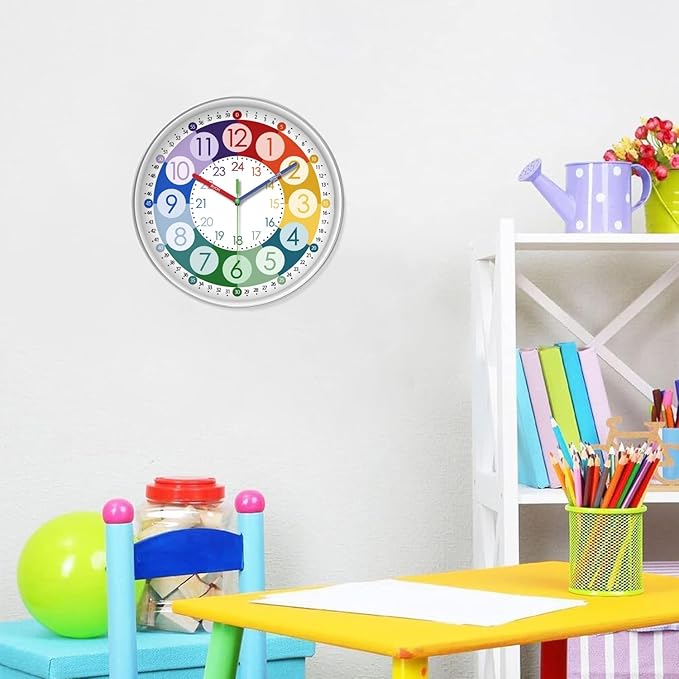 XFM Colorful Kids Wall Clock 14 Inch Silent Wall Clocks Battery Operated