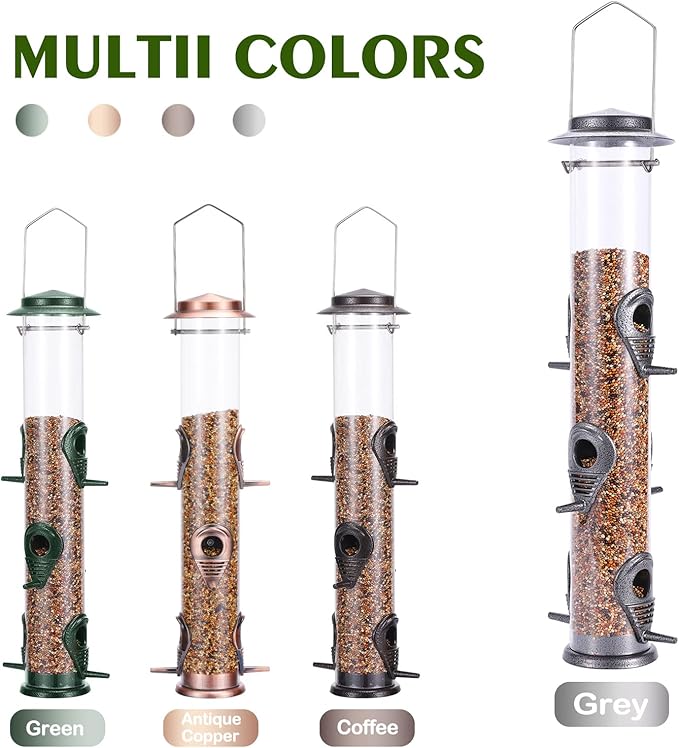Metal Bird Feeder Tube Hanging Wild Bird Seed Feeder Aluminum Six Port Bird Feeders,1.4 mm Extra Thick Solid Tube Transparent with Steel Hanger Great for Attracting Birds (Grey 2PK)