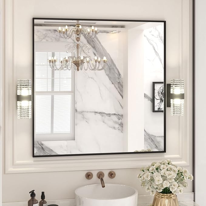 LOAAO 36"X36" Black Rectangle Bathroom Mirror Wall, Matte Black Aluminum Alloy