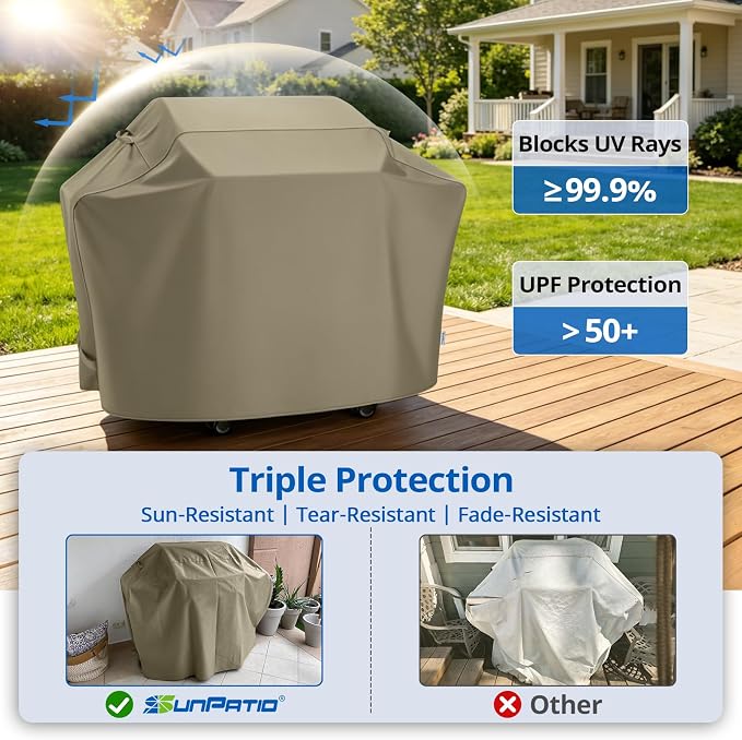 SunPatio BBQ Grill Cover for Outdoor Grill 65 Inch, Heavy Duty Waterproof Barbecue Cover with Sealed Seam, FadeStop All Weather Protection Compatible for Weber CharBroil Nexgrill and More, Taupe
