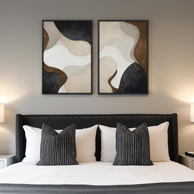 Framed Neutral Abstract Minimalist Wall Art Set of 2, Modern Canvas Prints