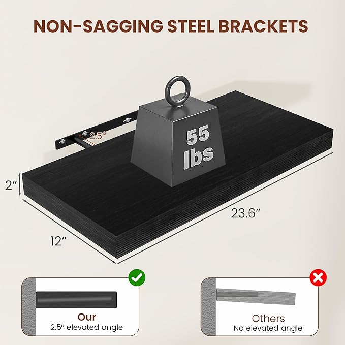 Black Floating Shelves for Wall 24 Inches Long, Heavy Duty Shelf for Bedroom