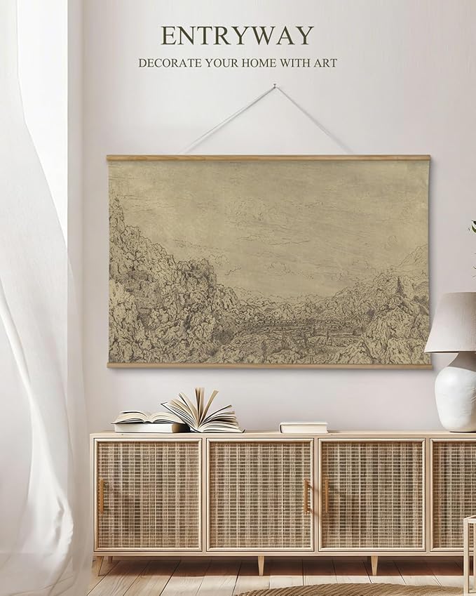 ARPEOTCY Extra Large Vintage Framed Wall Art, 36x54 Inch Sketch Valley Mountain Landscape Hanging Canvas Prints, Scroll Wall Decor for Living Room Bedroom, Retro Scenery Pictures Above of Bed