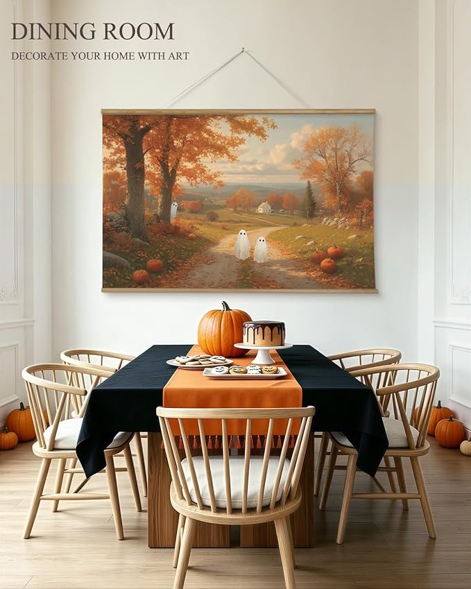 ARPEOTCY Extra Large Vintage Framed Wall Art, 36x54 Inch Halloween Wall Art Canvas, Vintage Autumn Landscape with Cute Ghosts and Pumpkins, Large Farmhouse Fall Wall Decor for Living Room Fireplace Entryway