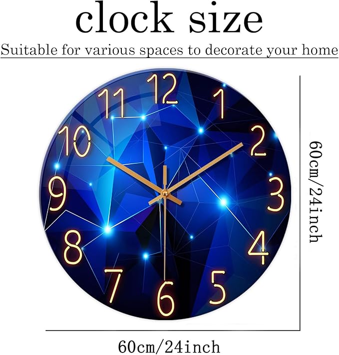 Extra Large Wall Clocks for Living Room Decor 24 Inch Glass Blue Clock Battery