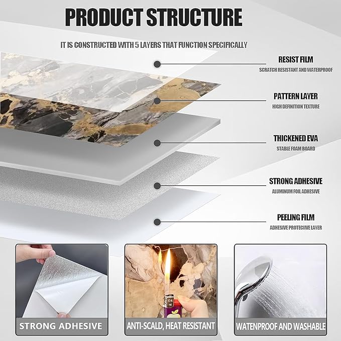 10pcs Peel and Stick Tile Shower Waterproof Marble Tiles Wall Panels,