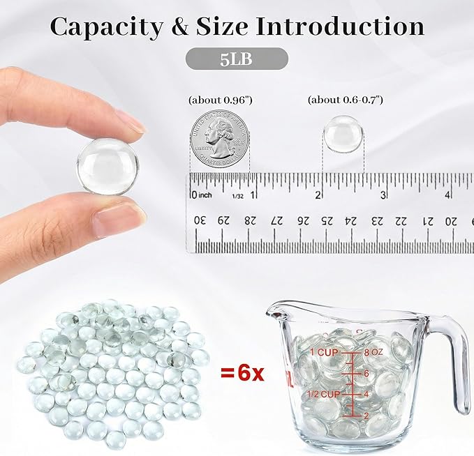 FUTUREPLUSX 5 Lb Clear Flat Glass Marbles, 500PCS Clear Flat Gems Transparent Aquarium Pebbles Vase Filler Beads Table Scatters