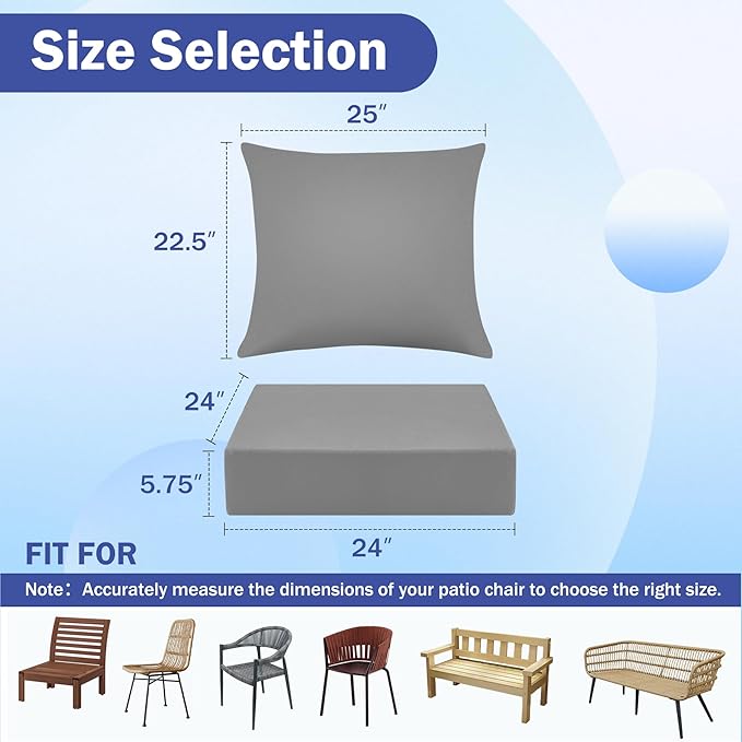 IASEAHK Outdoor Seat Cushion Set, Waterproof & Fade Resistant Patio Chair Cushions, Outdoors Cushion for Patio Furniture, 24 x 24 x 5.75 Inch, Outdoor Couch Cushions with Handle and Ties, Grey