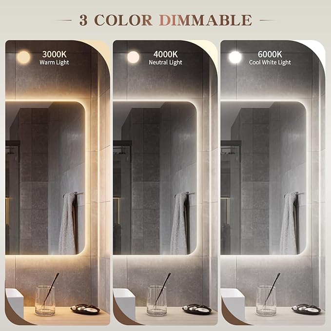 EOGOW Backlit Mirror for Bathroom, Stepless Dimmable, 3 Color Lights, High Lumen