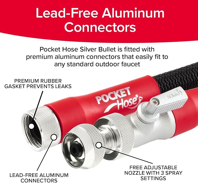Pocket Hose 75 FT Silver Bullet 2.0 Expandable Garden Hose w/Turbo Shot Nozzle, AS SEEN ON TV, Lead-Free, Solid Aluminum Connectors, Easy On/Off Valve, Kink-Free, Leak-Proof