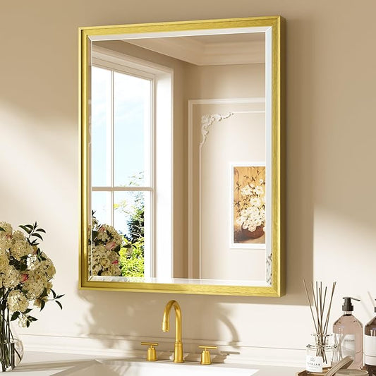 Keonjinn Brushed Gold Bathroom Mirror 24" x 30", Beveled Edge Tempered Glass
