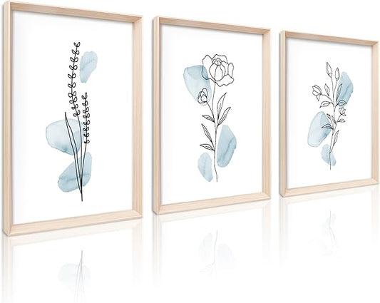 HesenDot Framed Blue Floral Canvas Wall Art, Minimalist Botanical Wall Art Decor