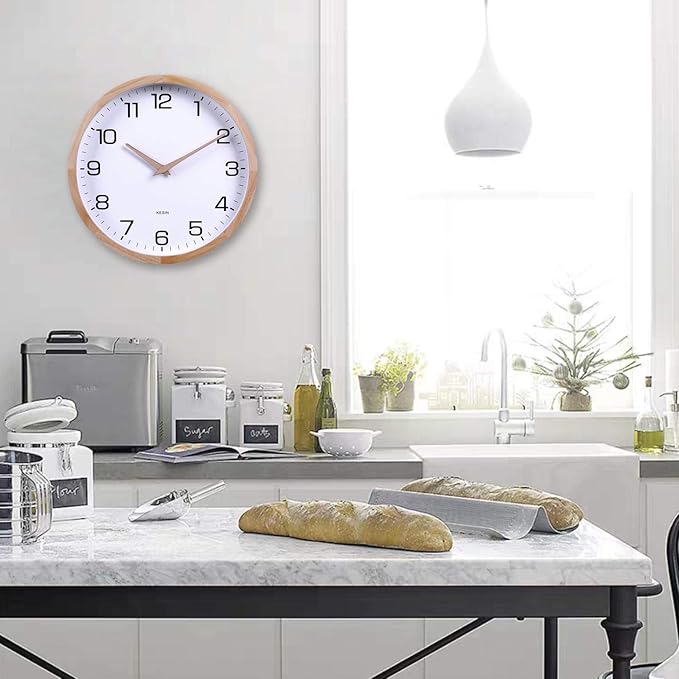 Kesin 12 Inches Wooden Round Silent Wall Clock White Wood Wall Clocks Analog