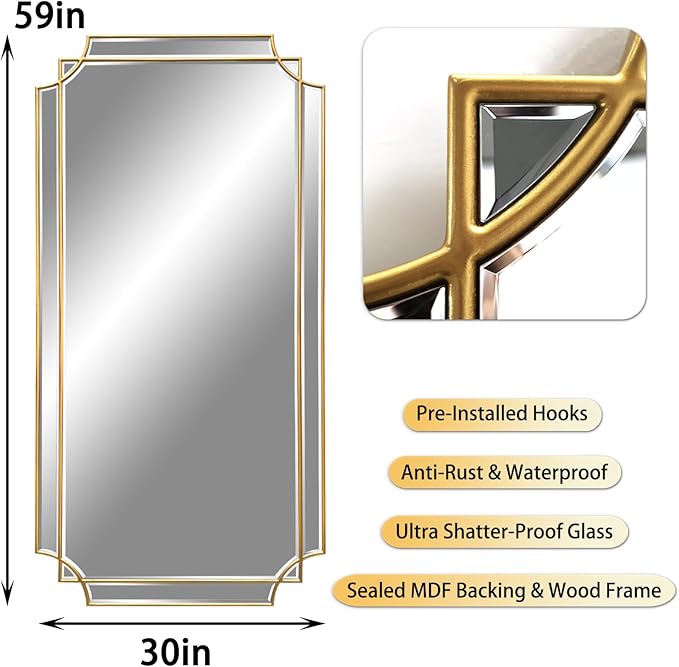 HQiJun Gold Full Length Mirror for Wall, Polished Bevelled Rectangle Mirror