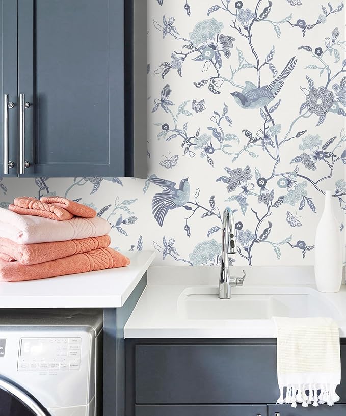 Timeet Peel and Stick Wallpaper Vintage Floral Contact Paper Blue and White