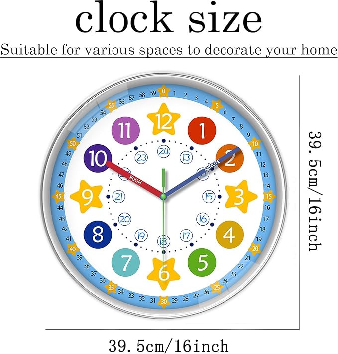 XFM Large Kids Wall Clock 16 Inch Silent Non Ticking Quartz Battery Operated
